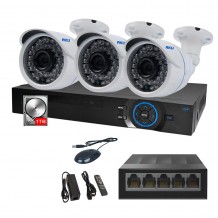  Kit IP 3 Camere Color AKU SUPER CLEAR HD 2 MP cu NVR 4 canale FULL HD 1080P 5MP,HDD 1 TERRA,SWITCH, Supraveghere video 25m infrarosu, cu vizualizare pe telefon mobil tableta desktop AK99233H